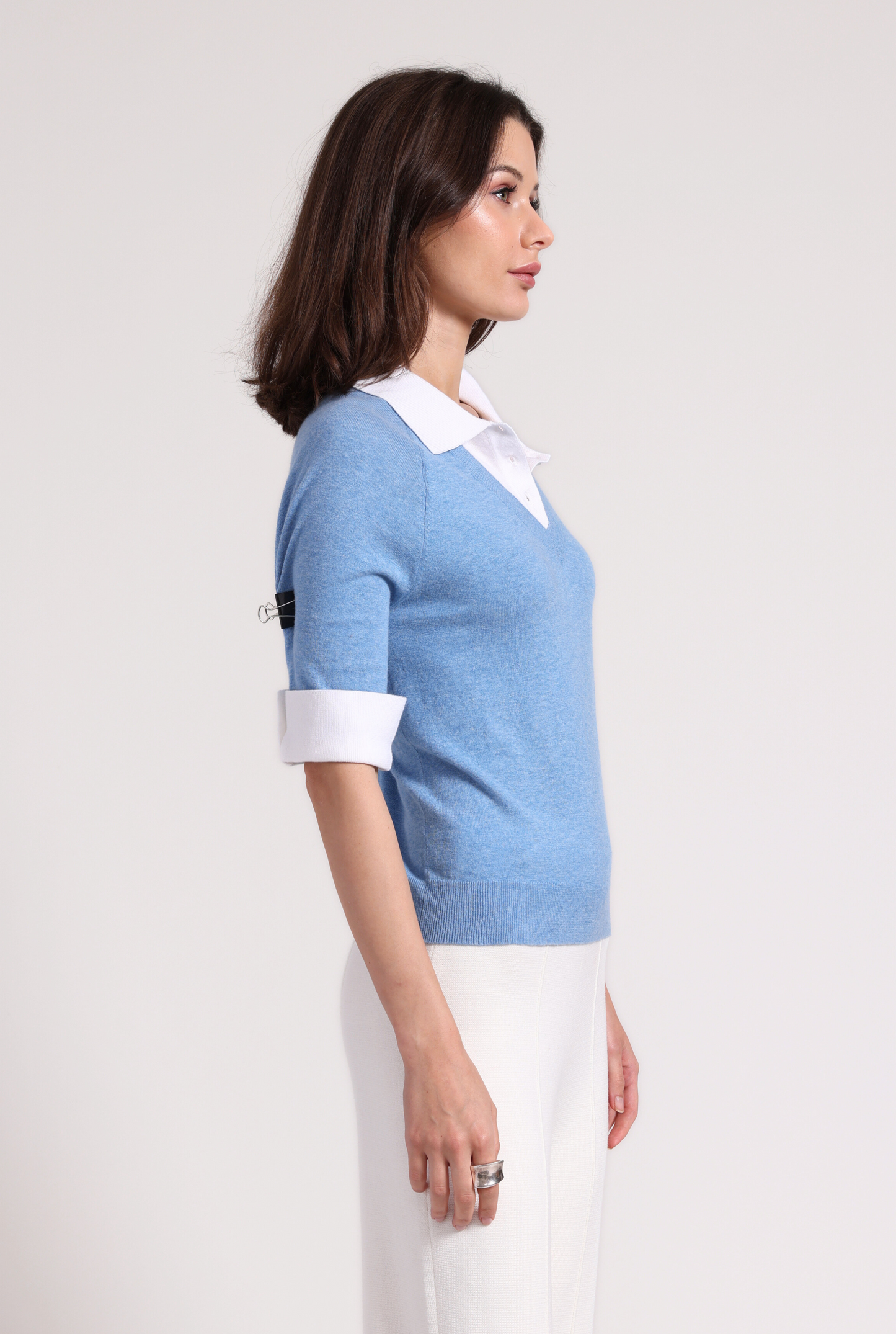 Minnie Rose - Women - Cameo Blue Short Sleeve V Neck with Collar