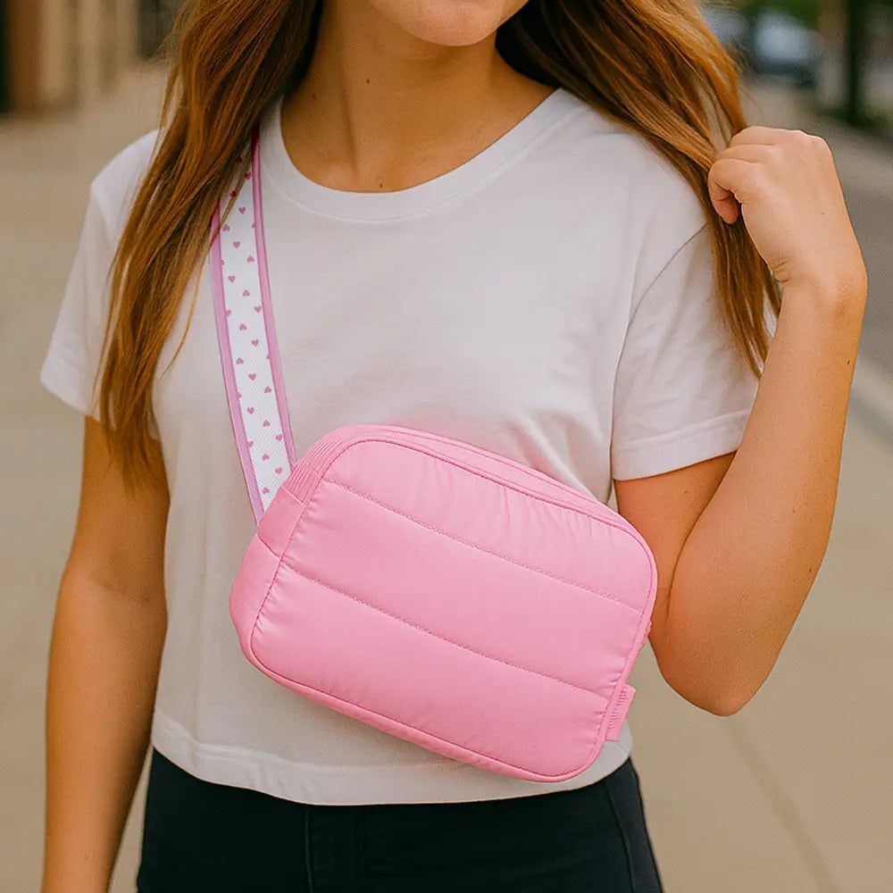 Top Trenz - Pink Puffer Belt Bag With Heart Stripe Strap