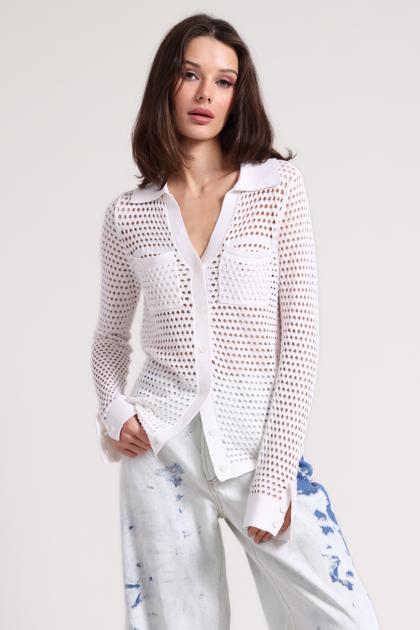 Minnie Rose - Women - White Plaited Mesh Button Down Shirt