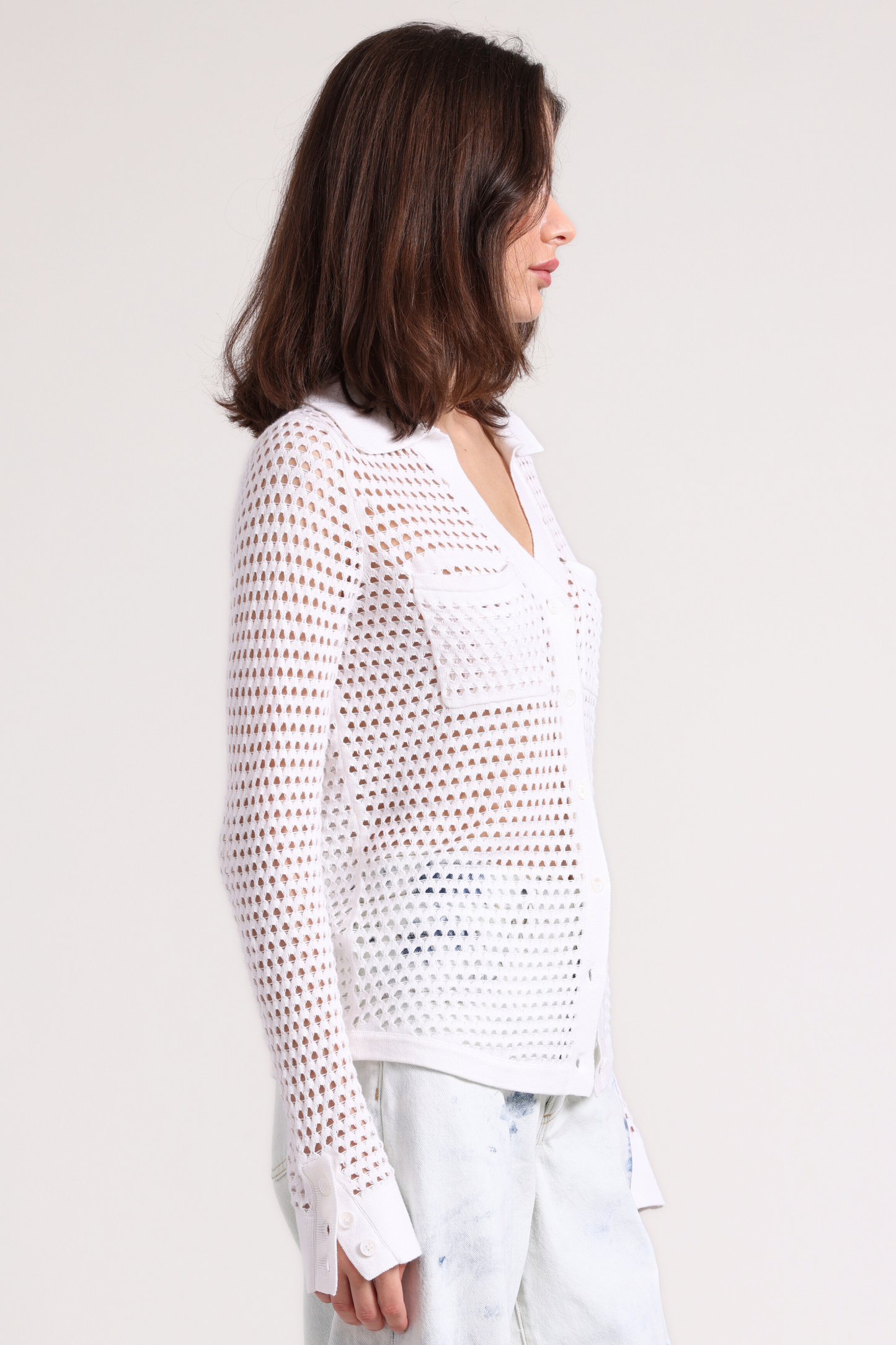 Minnie Rose - Women - White Plaited Mesh Button Down Shirt