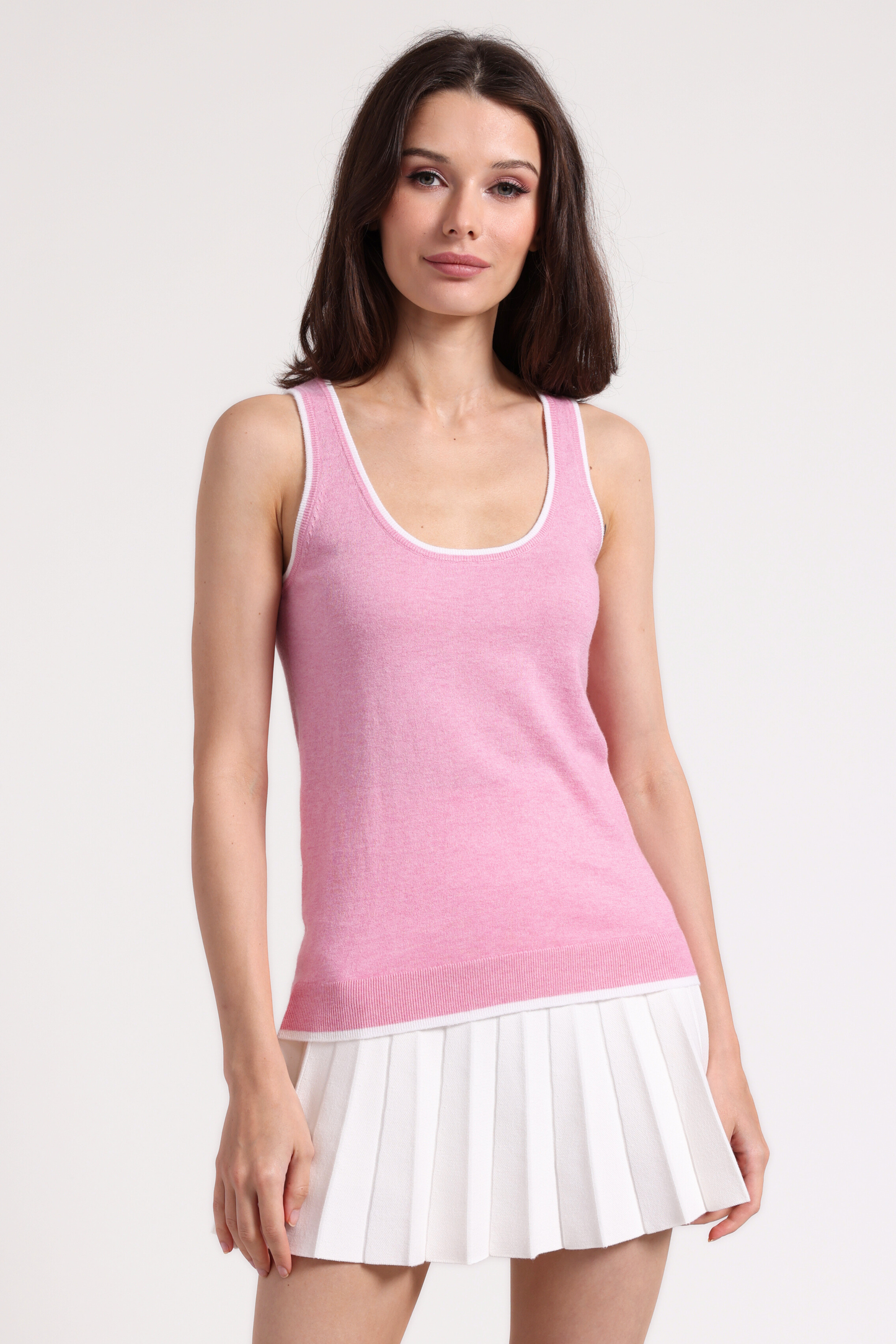 Minnie Rose - Women - Sweet Pink/White Scoop Neck Tank with Tipping