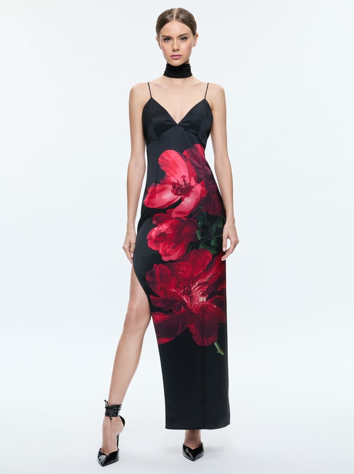 Alice + Olivia - Women - Peony Petals Bright Ruby Monika Cut Away Cami Maxi Dress With Scarf
