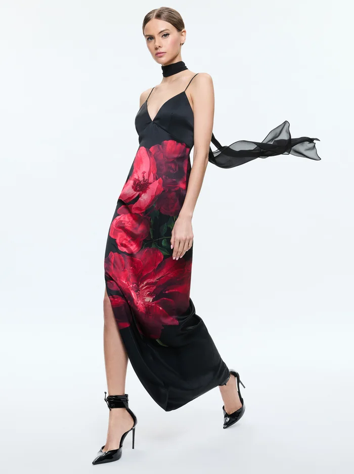 Alice + Olivia - Women - Peony Petals Bright Ruby Monika Cut Away Cami Maxi Dress With Scarf