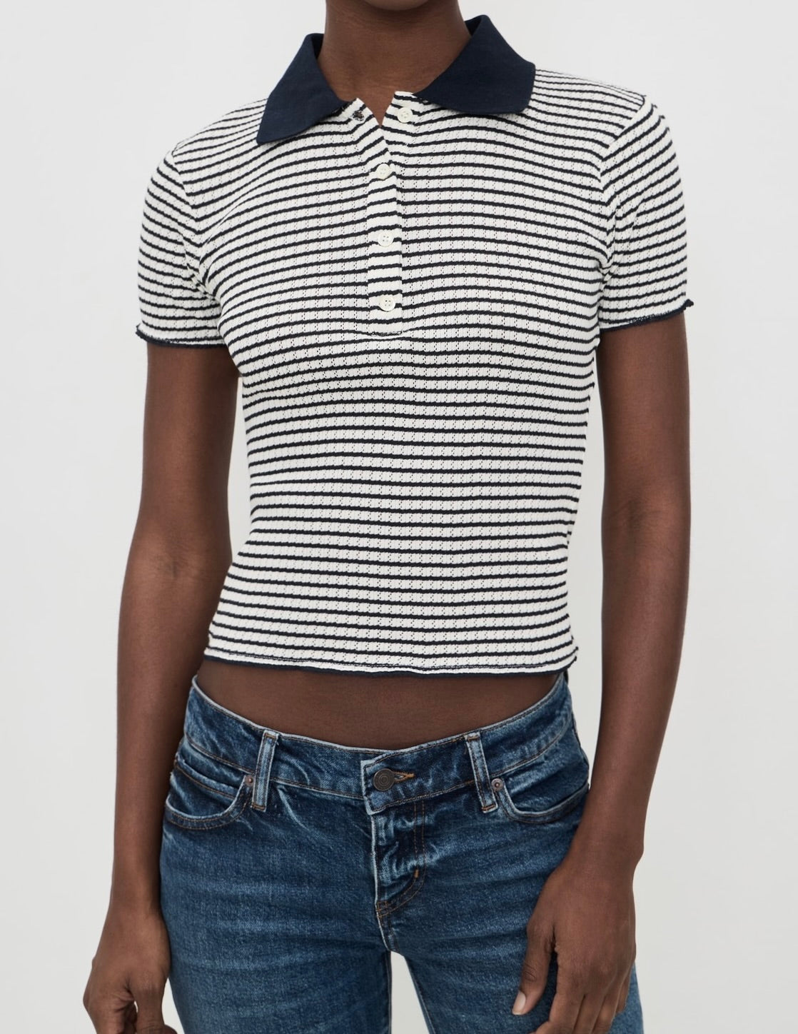 Frame Women - Navy Multi Stripe Pointelle Polo
