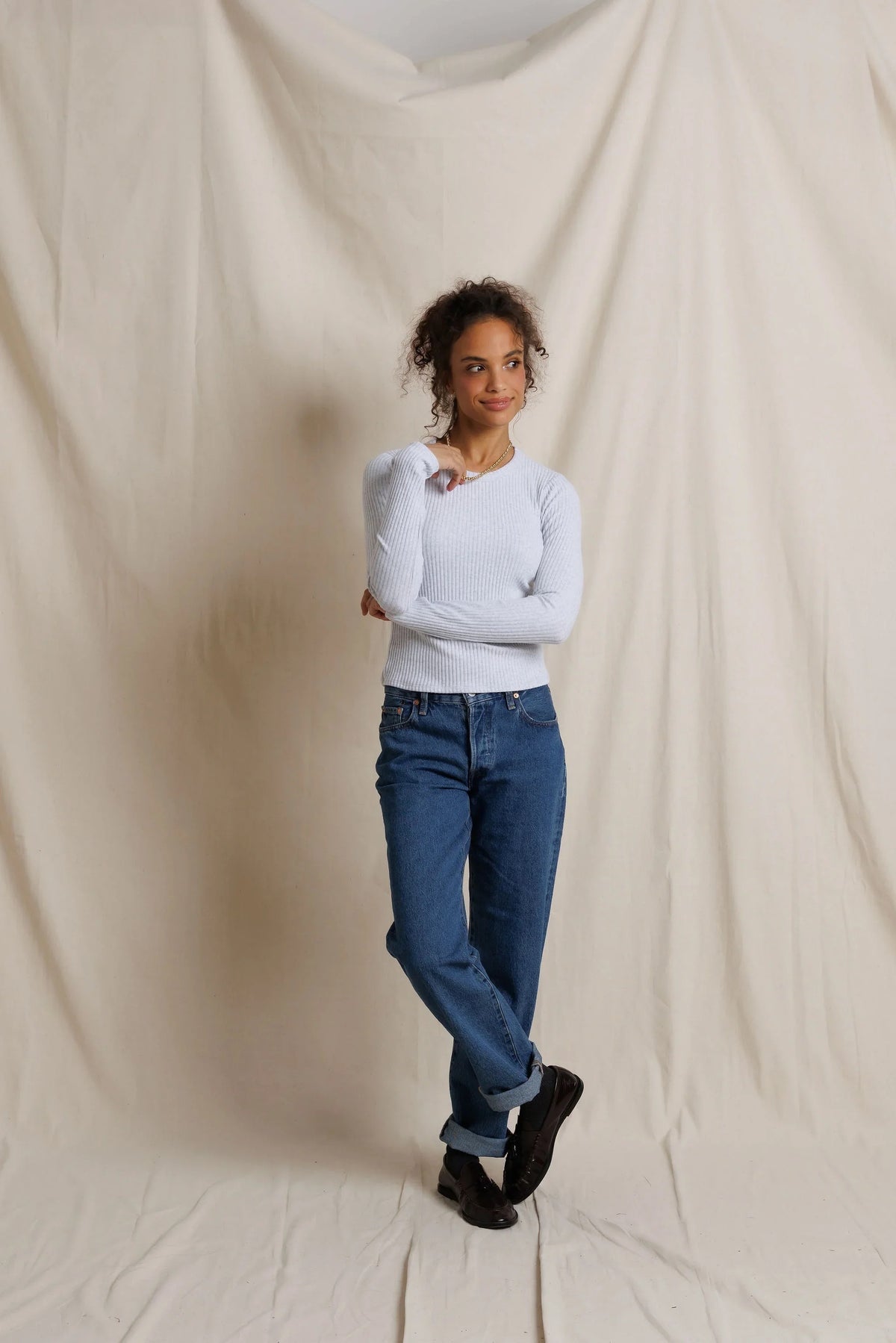 Perfect White Tee - Women - Flora Sweater Rib Crew Neck Long Sleeve