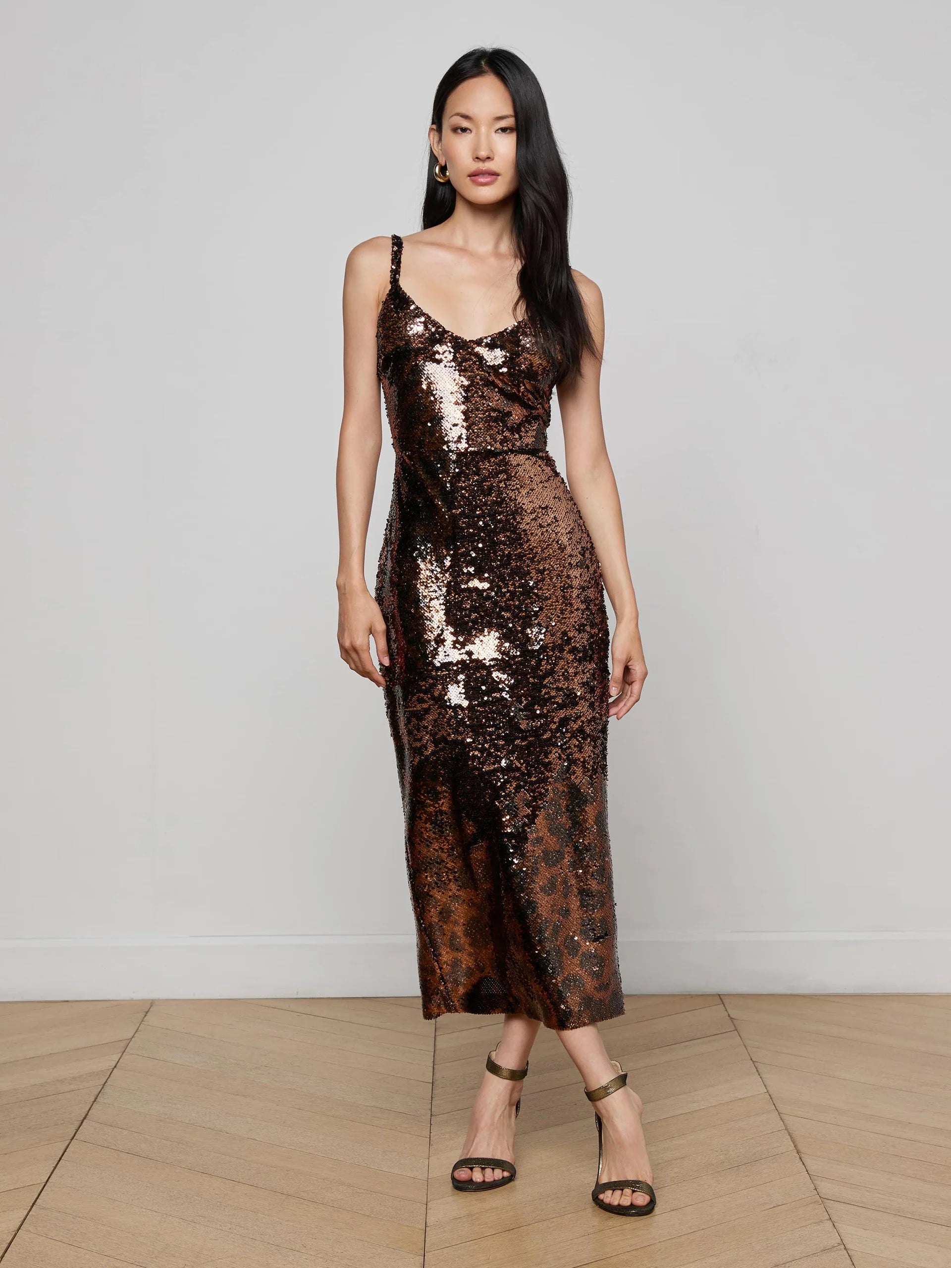 L'AGENCE Noella Sequin Dress In Brown Multi Amur Leopard