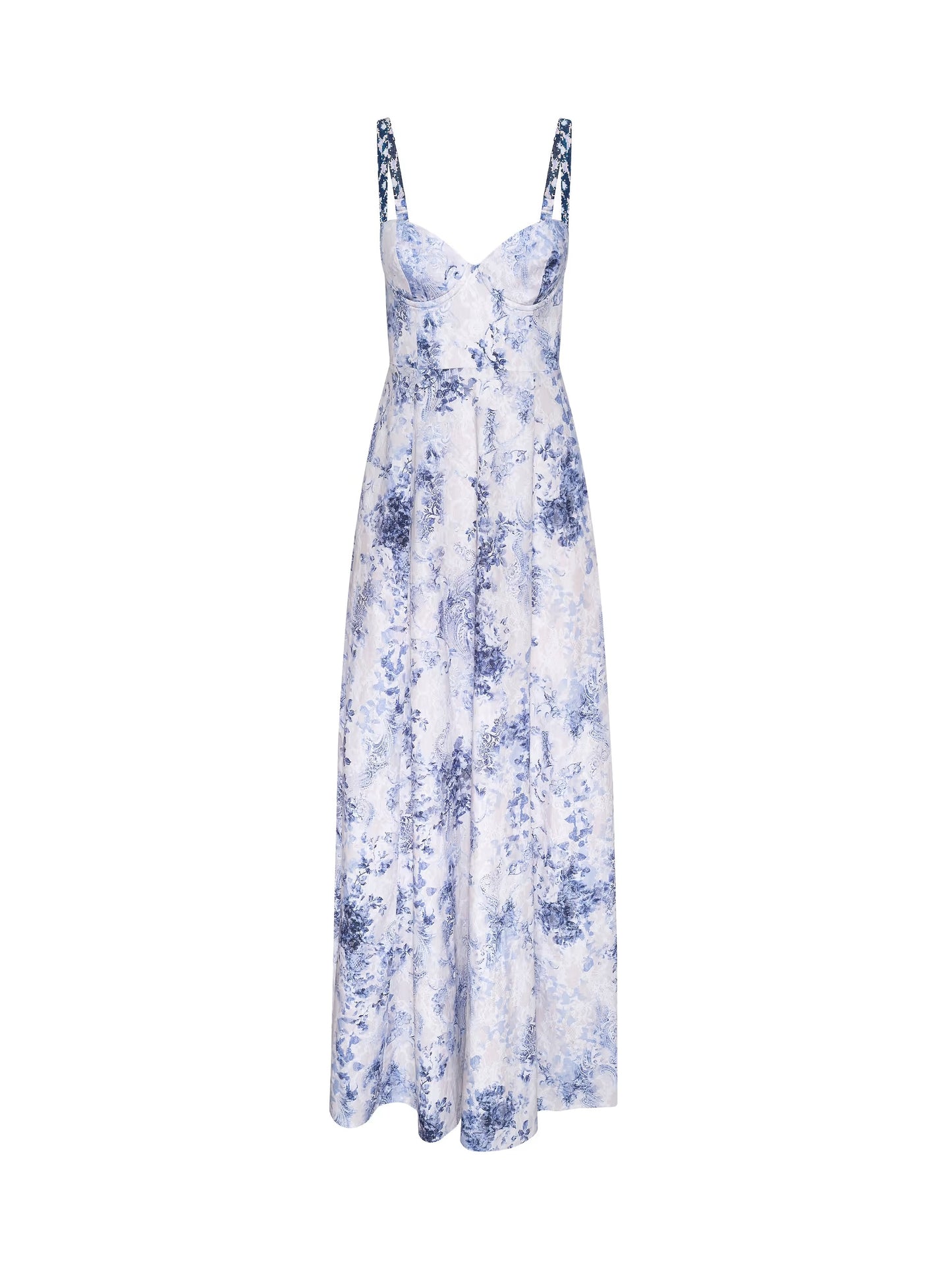 L'AGNCE - Women - Ivory/Blue Watercolor Lace Paisley Sutton Beaded Strap Gown