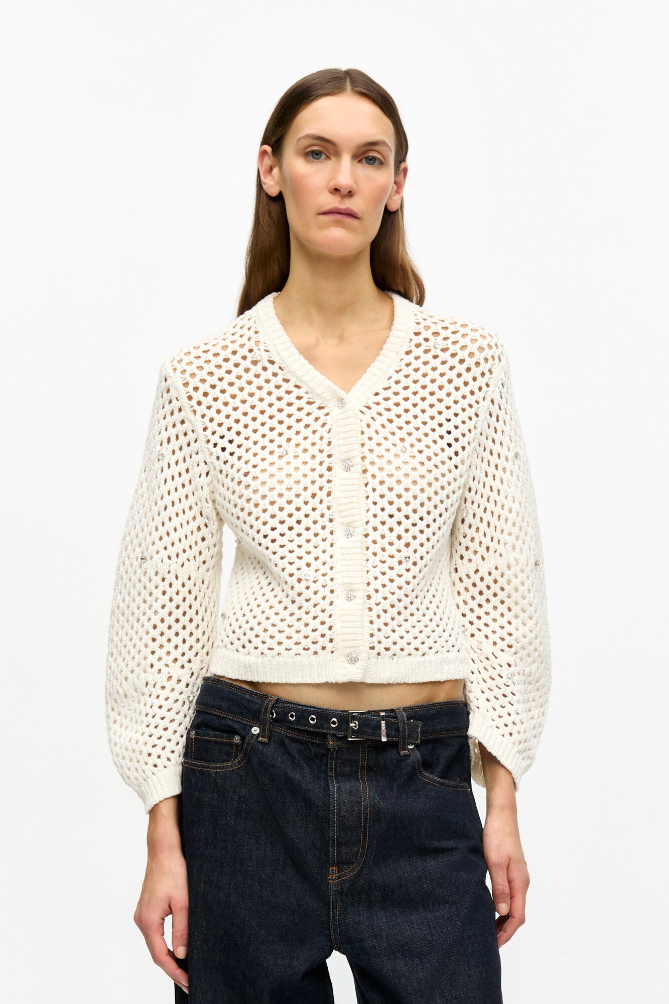 Ganni - Women - Off White Rhinestone Pointelle Cardigan