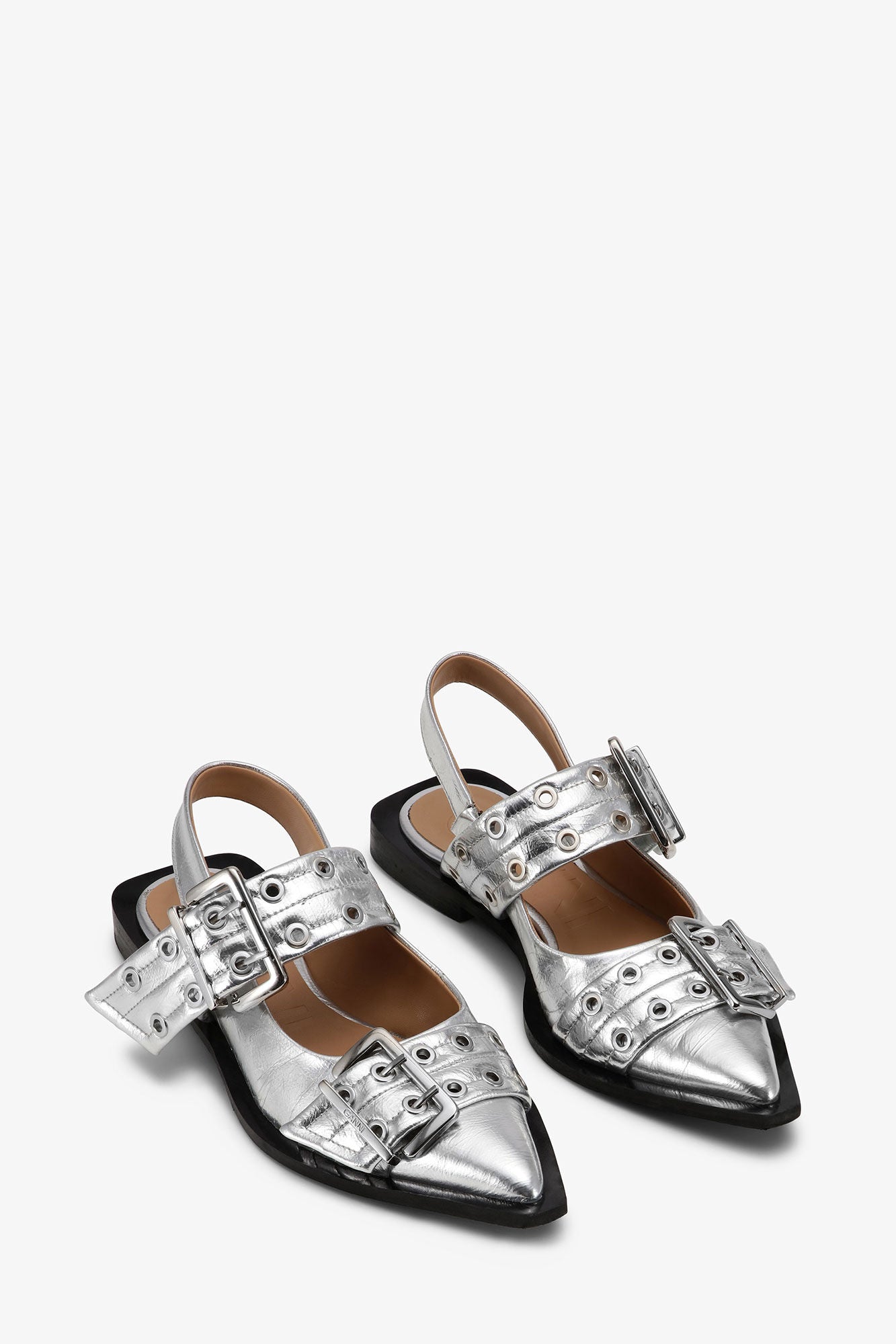 Ganni - Women - Silver Metallic Feminine Buckle Ballerinas