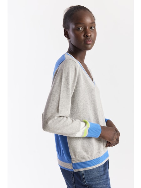 Wispr by Brodie Cashmere - Women -Grey Stripe Varsity V Neck Sweater