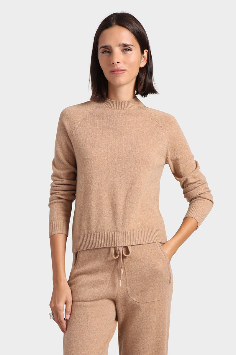 Minnie Rose - Women - Camel Cashmere Long Sleeve Shrunken Crew
