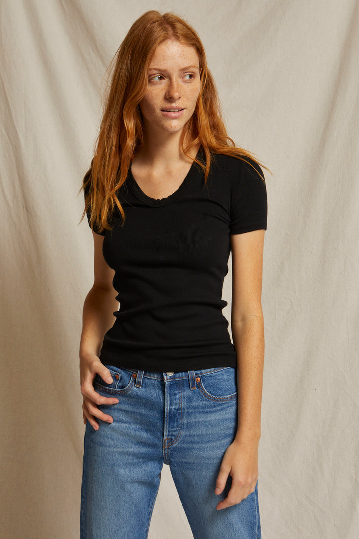 Perfect White Tee - Women - Avril Ribbed Cotton Modal Short Sleeve U Neck