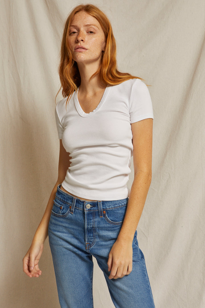 Perfect White Tee - Women - Avril Ribbed Cotton Modal Short Sleeve U Neck