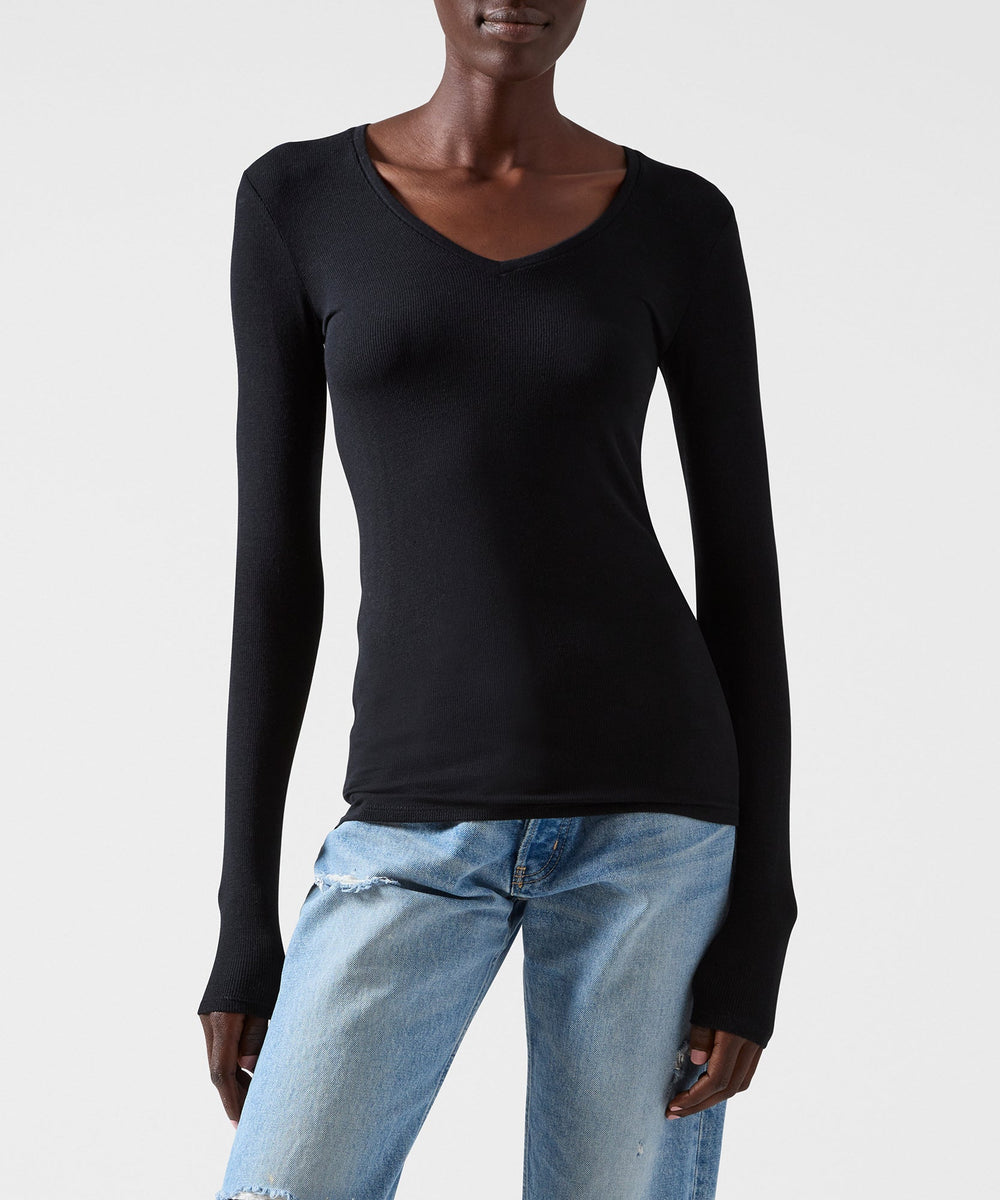 ATM - Women - Black Modal Rib Long Sleeve V-Neck Tee