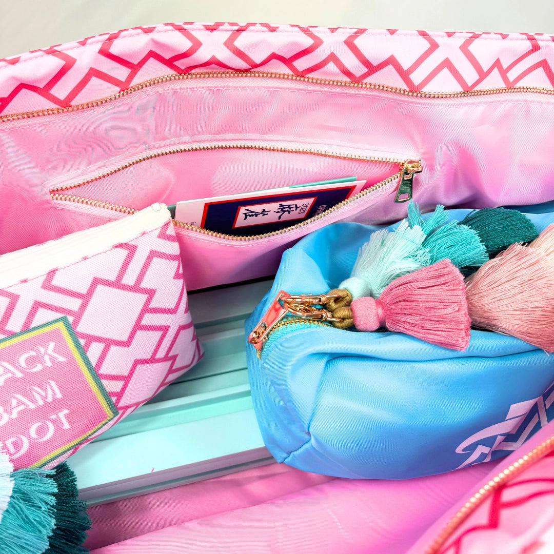 My Fair Mahjong - Pink Geometric Mahjong Tote Bag | Wide with Zipper Closure