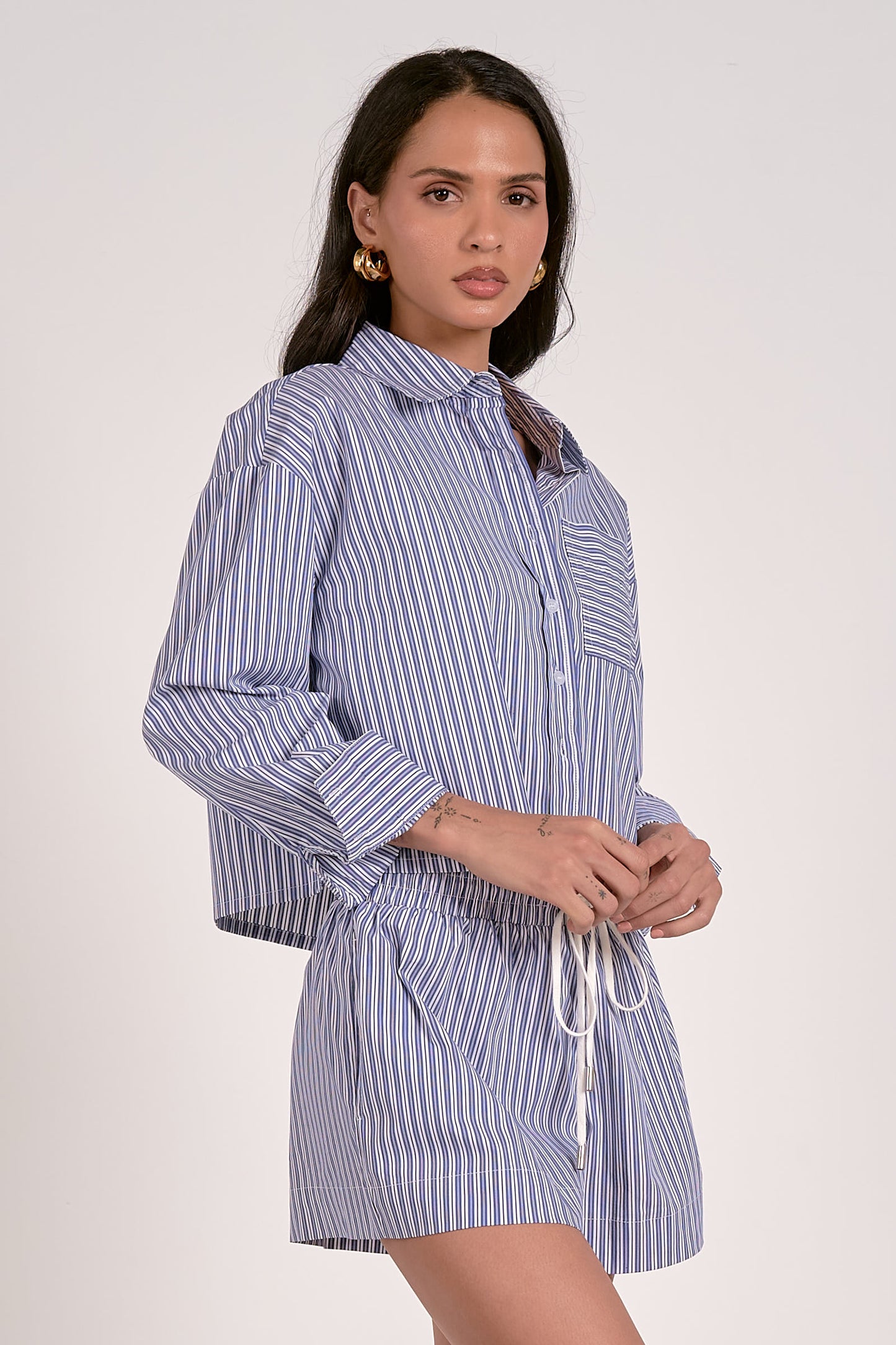 Elan - Women - Navy Stripe Crop Button Down