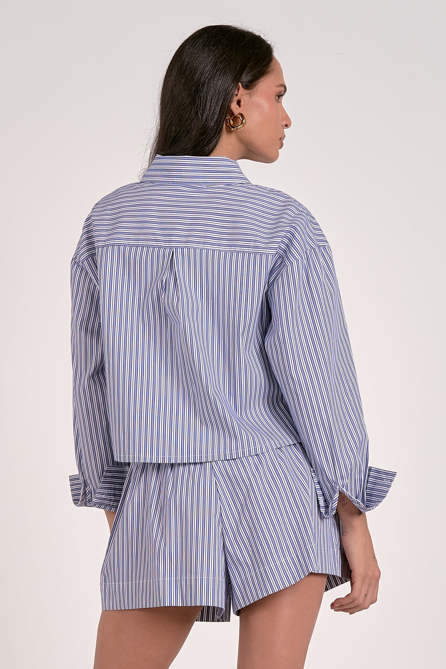 Elan - Women - Navy Stripe Crop Button Down