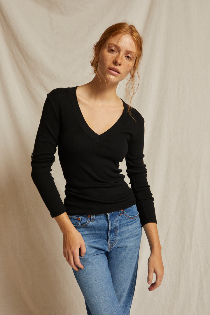 Perfect White Tee - Women - Viola Ribbed Cotton Modal V Neck Long Sleeve