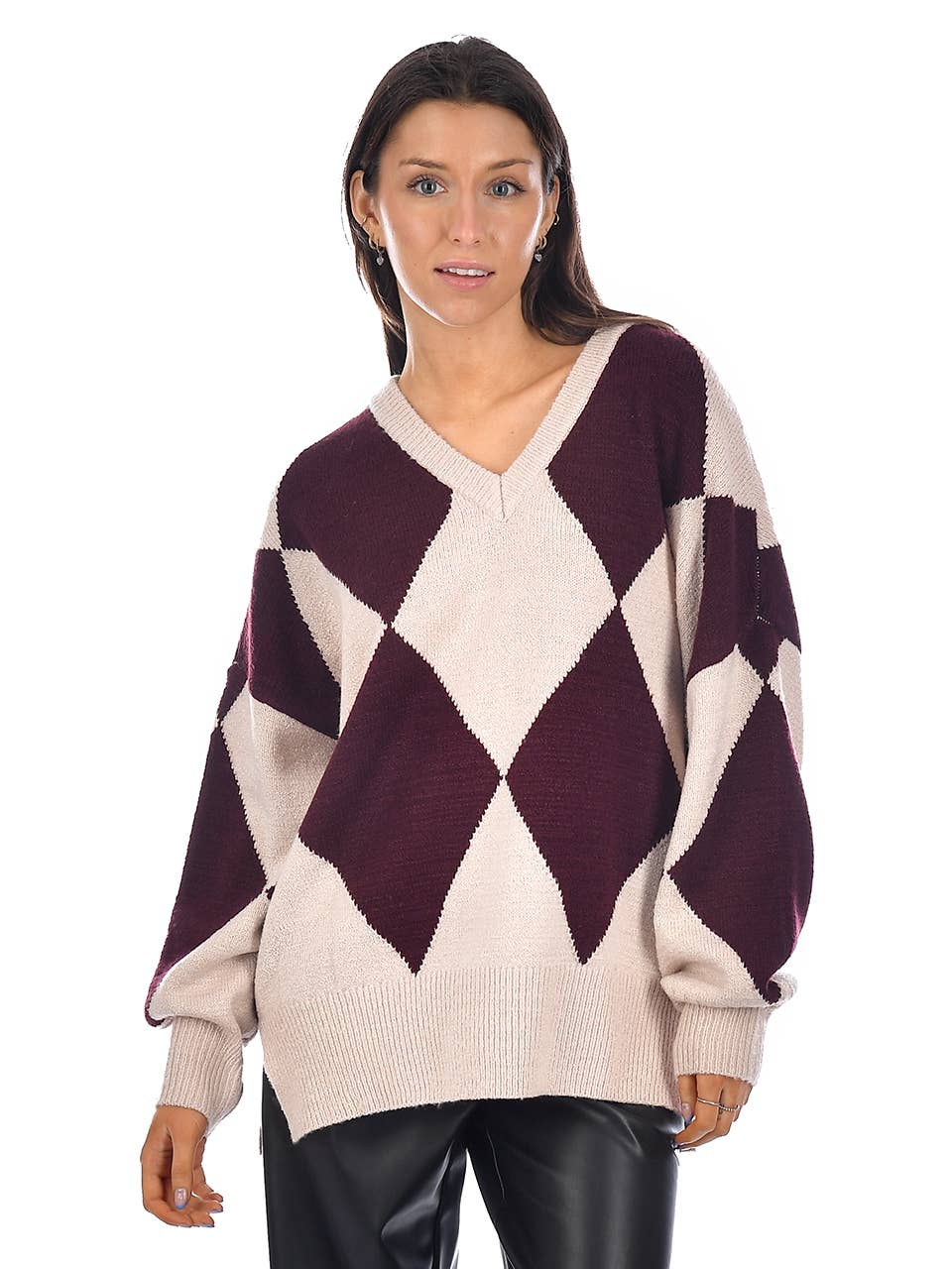 Guys N Gals - Women - Pink Burgundy Maggie Boucle Large Argyle V-neck Sweater