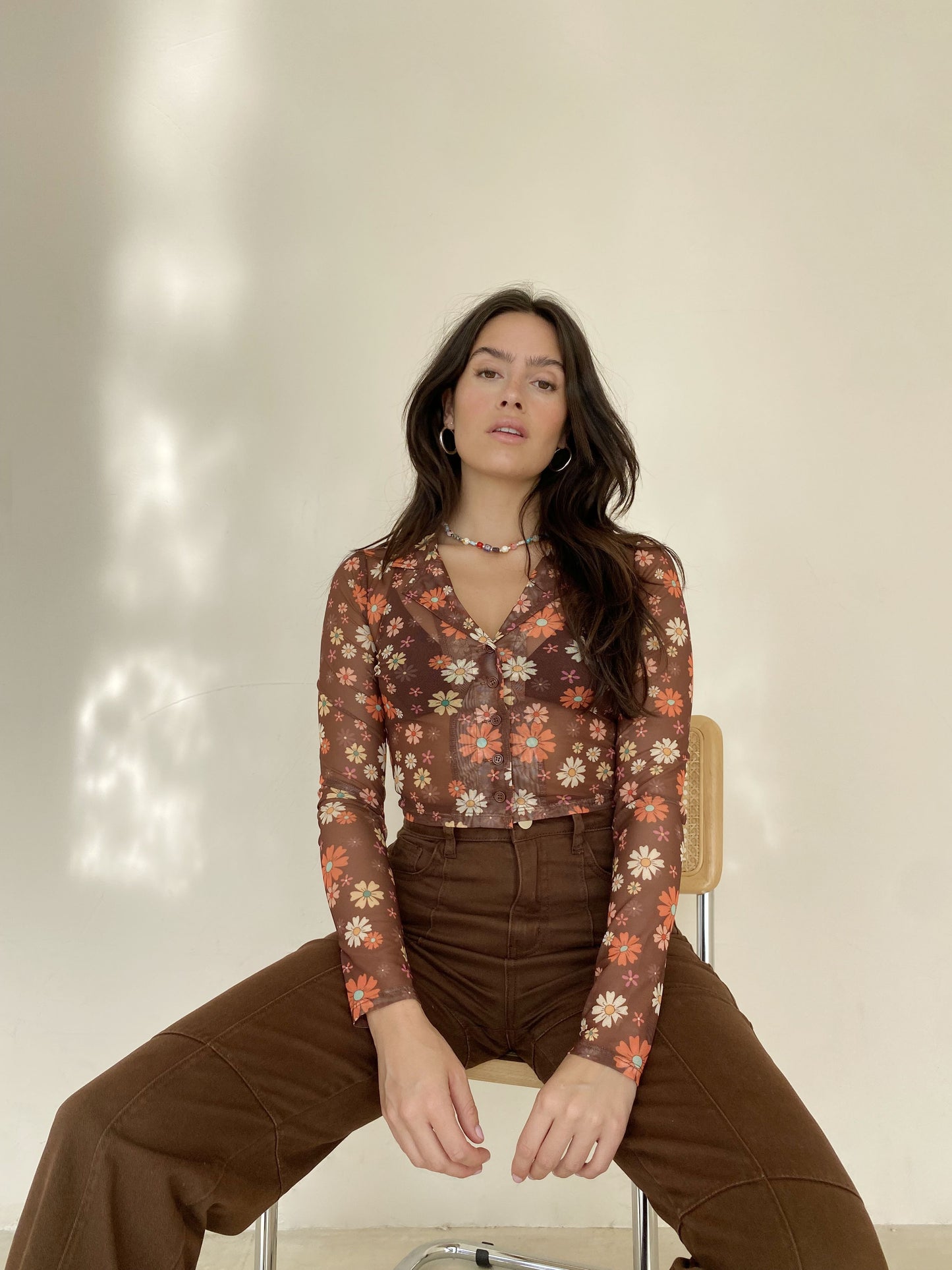 Guys N Gals - Women - Brown - Retro Floral Print Mesh Top