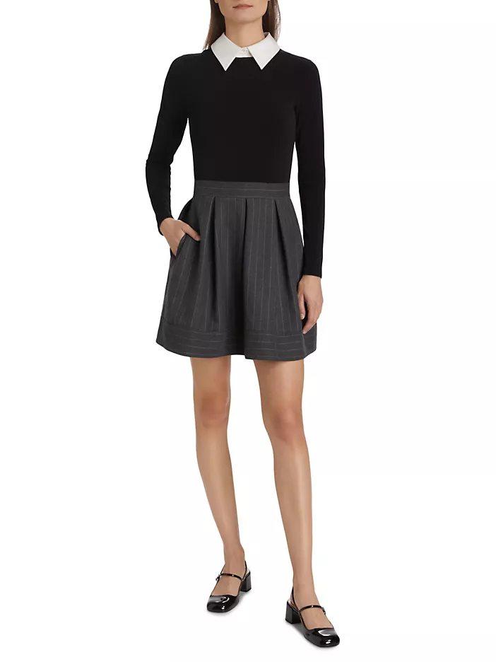 Alice + Olivia - Women - Charcoal White Chara Pinstripe Long Sleeve Minidress