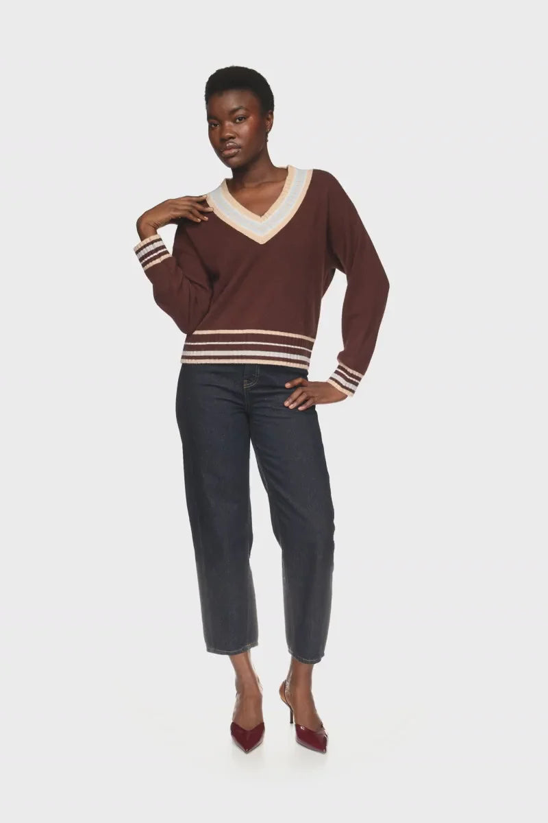 Brodie Cashmere - Women - Cocoa Stitchy Trim V Sweater