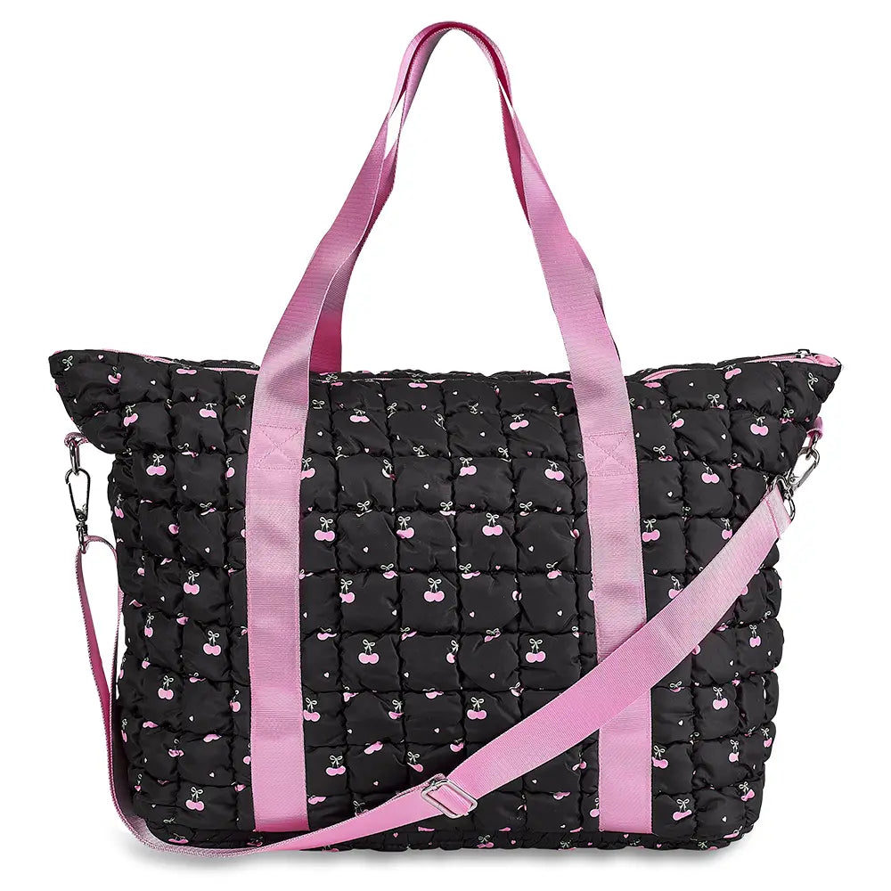 Top Trenz - Black Scrunchie Puffer Tote With Cherry Print