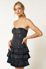 Women - Black - Denim Strapless Ruffle Mini Dress