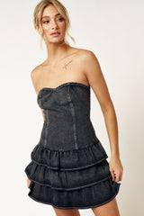 Women - Black - Denim Strapless Ruffle Mini Dress