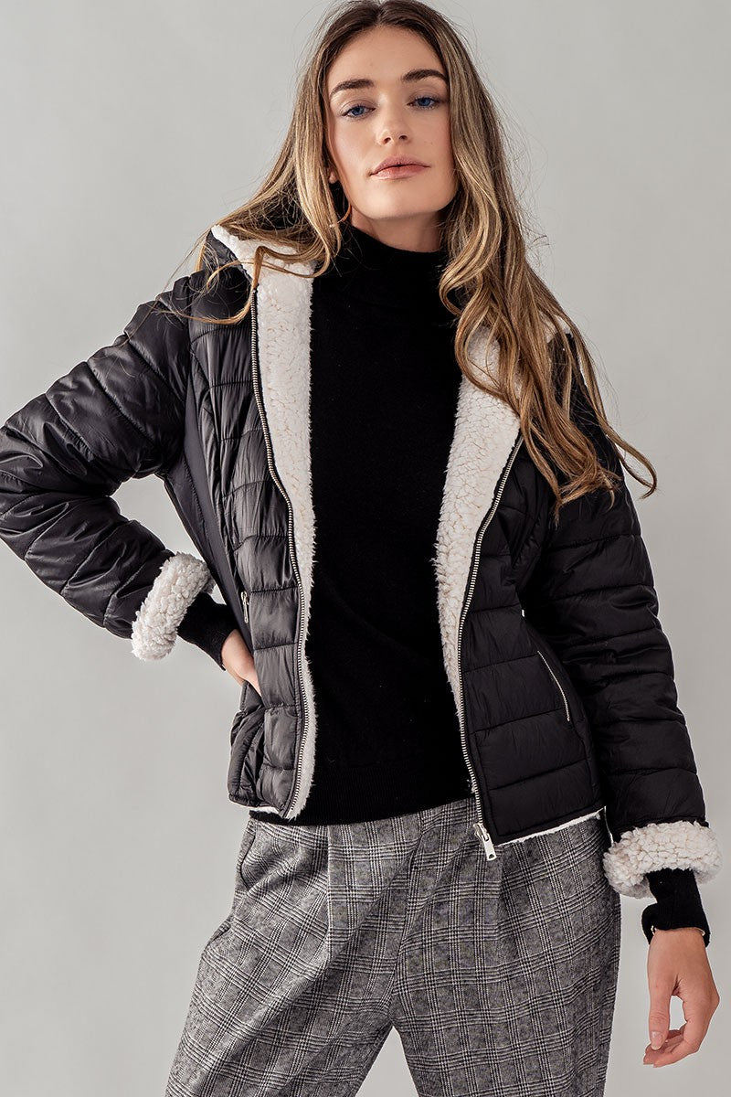 Guys N Gals - Women - Black Sherpa Fleece Lined Puffer Jacket With Hood
