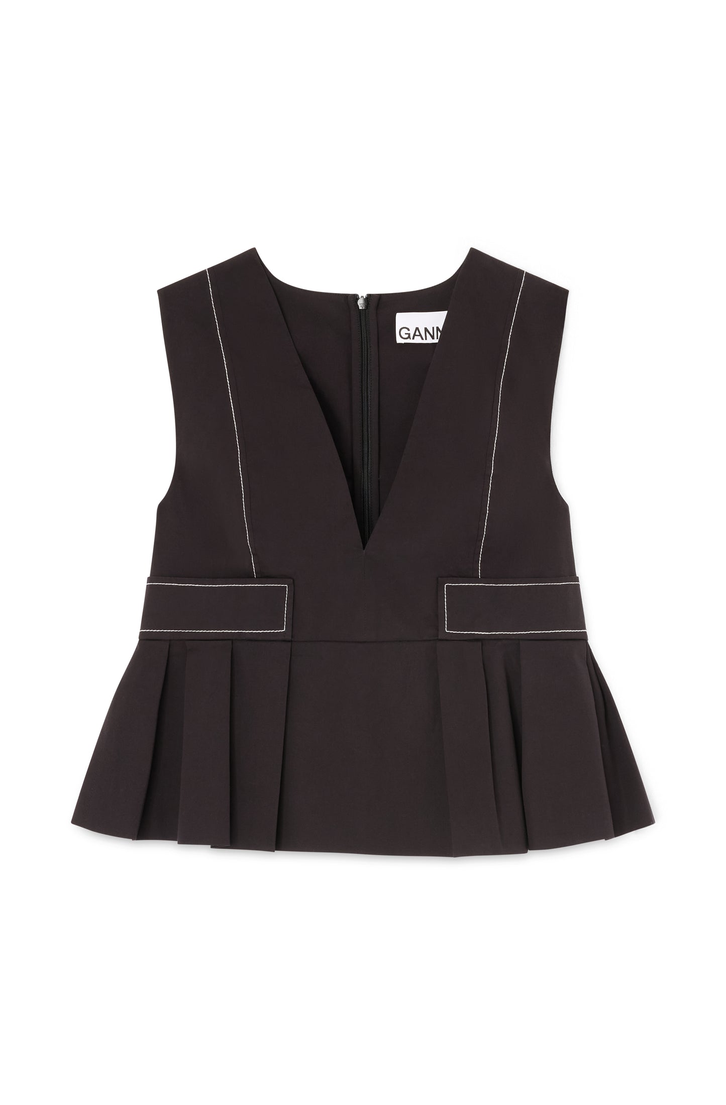 Ganni- Women - Black Stretch Cotton V Neck Pocket Blouse