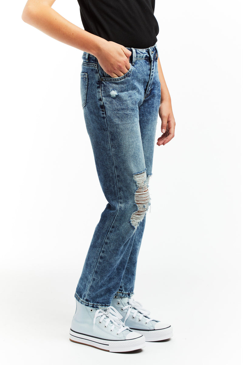 Tractr Jeans - Tween - Indigo High Rise Destructed Crop Straight