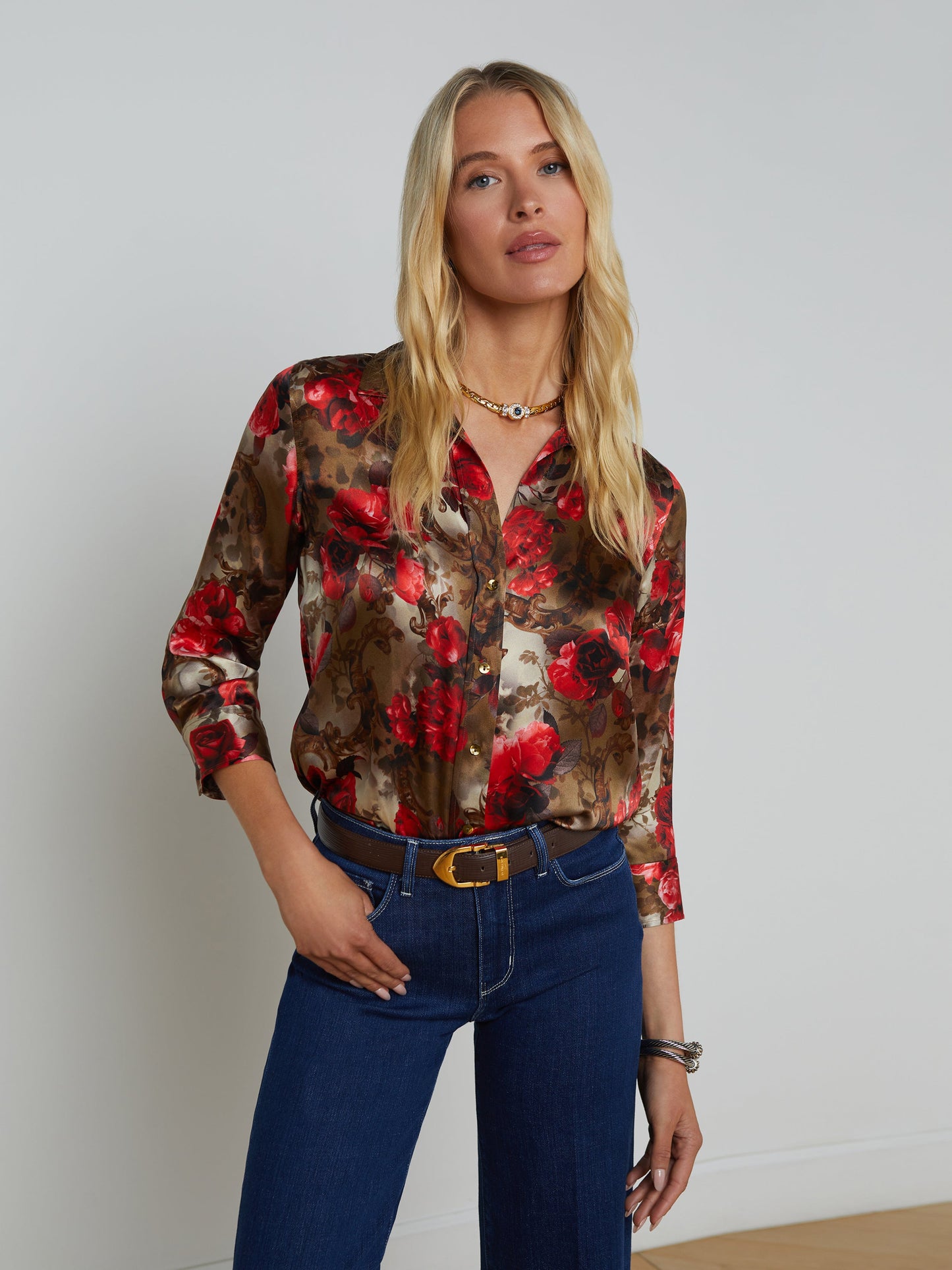 L'Agence - Women - Army/Pink Floral Cheetah Dani Silk Blouse