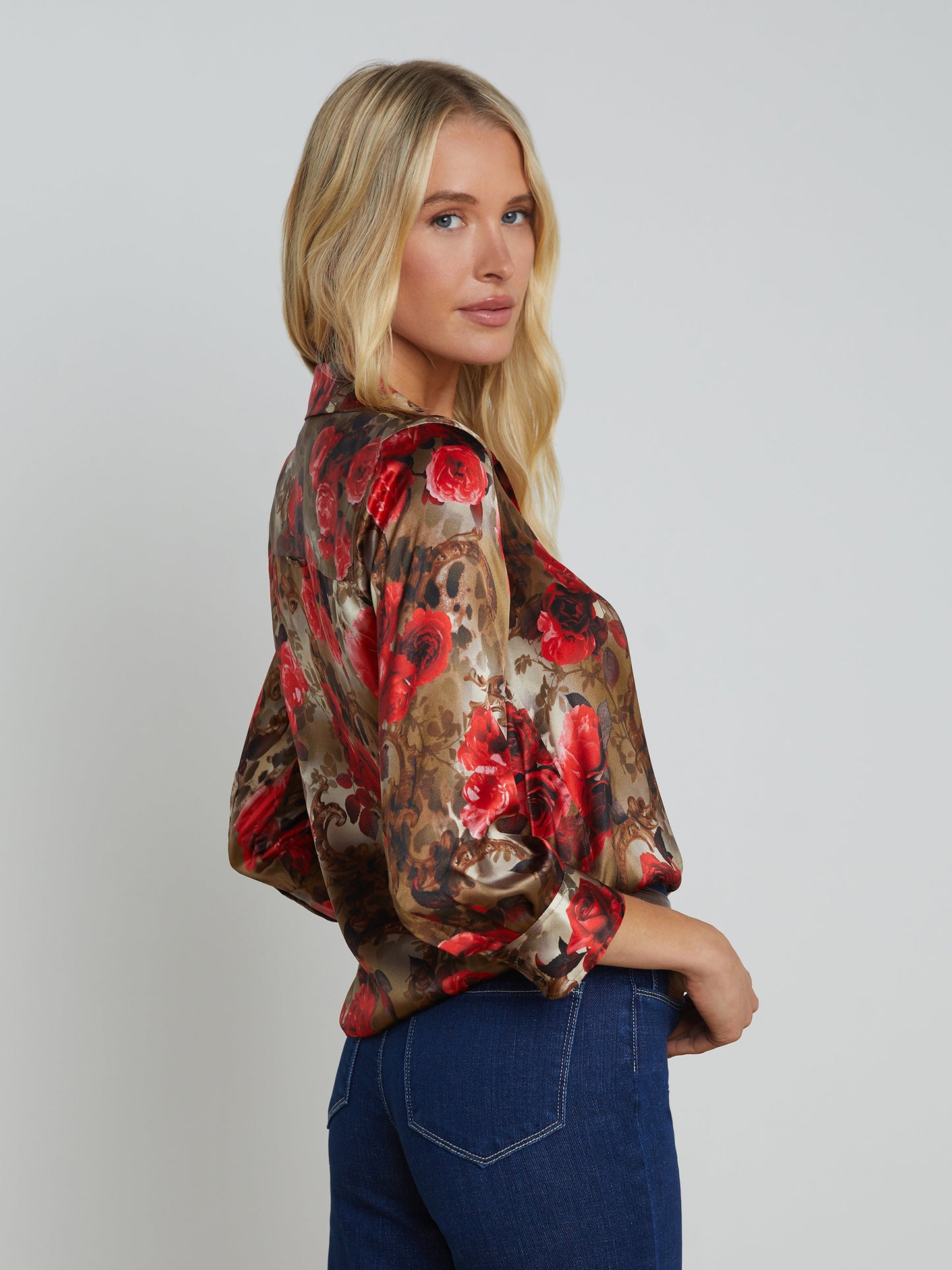 L'Agence - Women - Army/Pink Floral Cheetah Dani Silk Blouse