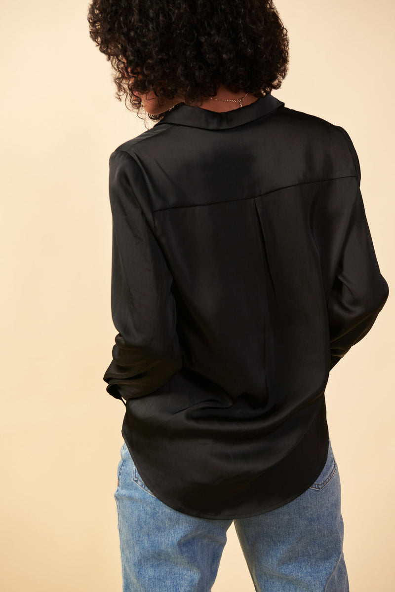 Guys N Gals - Women - Black Satin Button Down Shirt