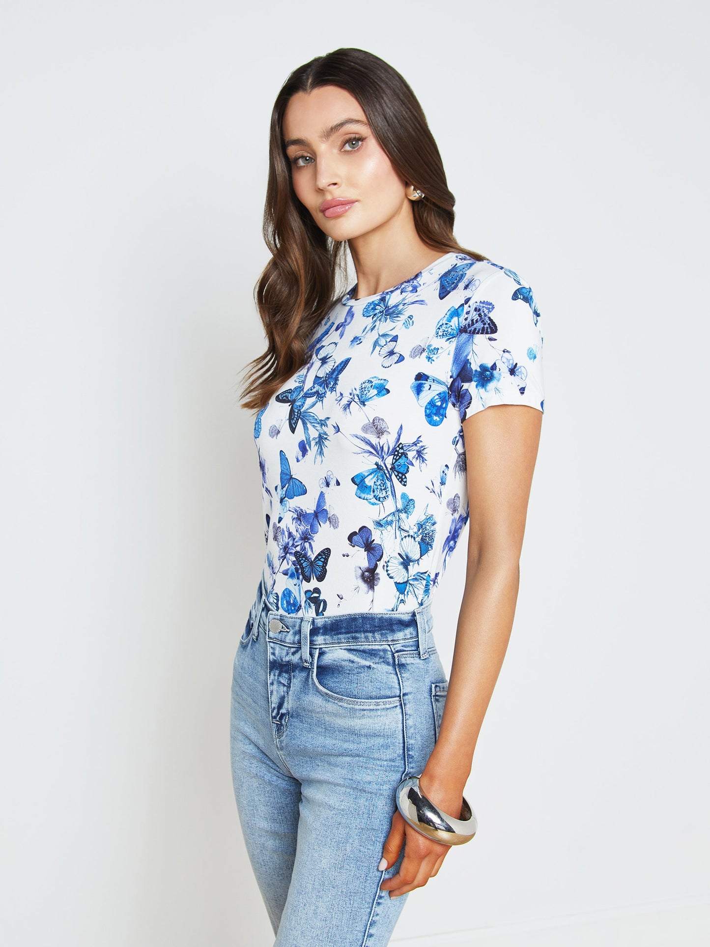 L'Agence - Women - White/Blue Tonal Butterflies Ressi Fitted Tee