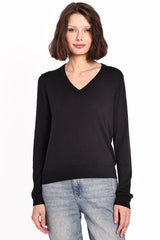 Minnie Rose - Women - Black Supima Cotton V-Neck LS Tee