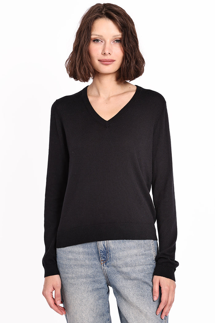 Minnie Rose - Women - Black Supima Cotton V-Neck LS Tee
