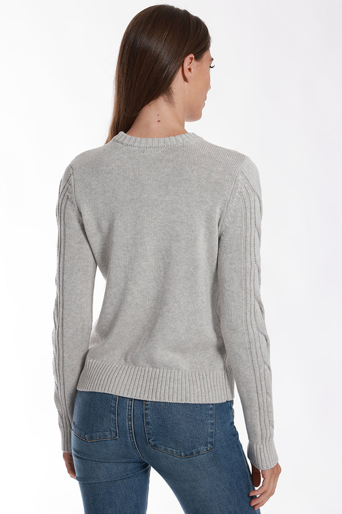 Minnie Rose - Women - Light Heather Grey Cotton Cashmere Center Cable Crop Sweater