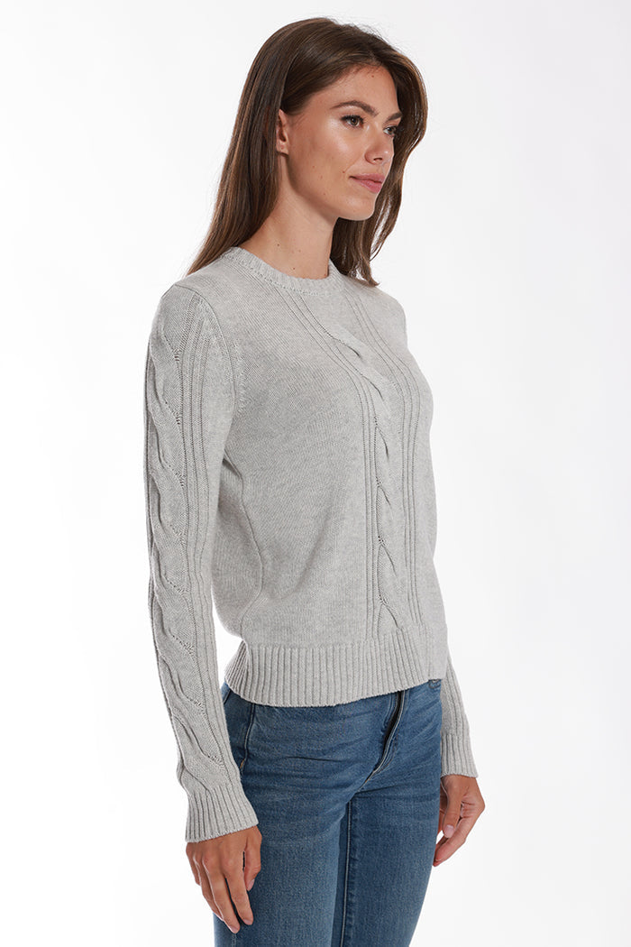 Minnie Rose - Women - Light Heather Grey Cotton Cashmere Center Cable Crop Sweater