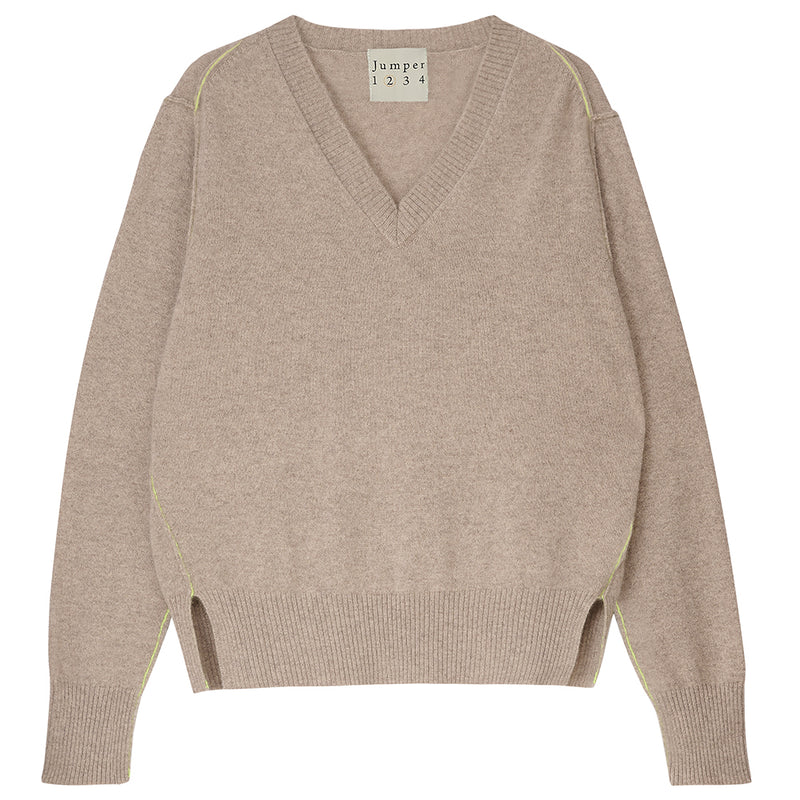 Jumper 1234 - Women - Organic Lt. Brown Neon Yellow Contrast Linked Vee