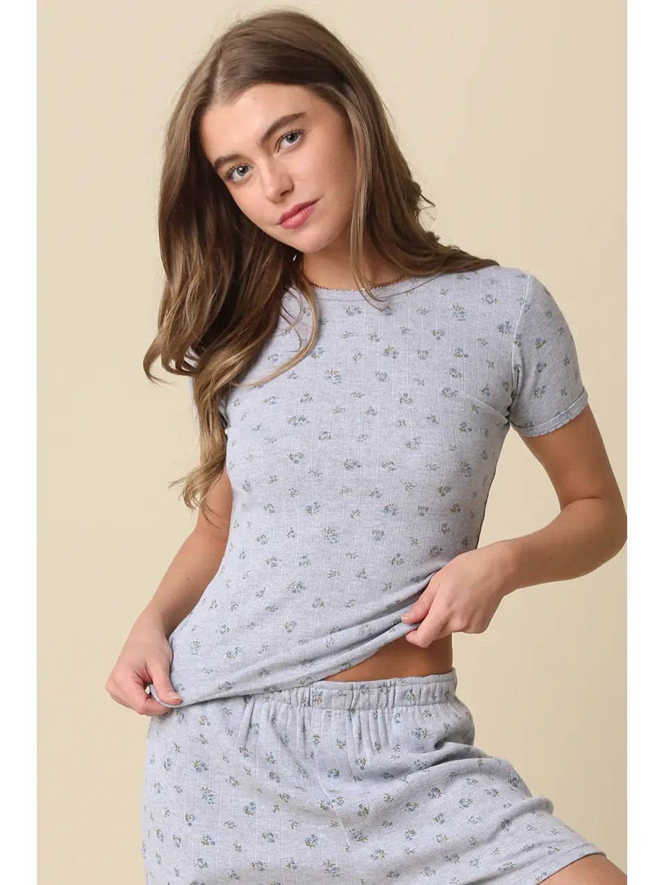 Guys N Gals - Women - Heather Grey Kira Floral Ribbed Tee