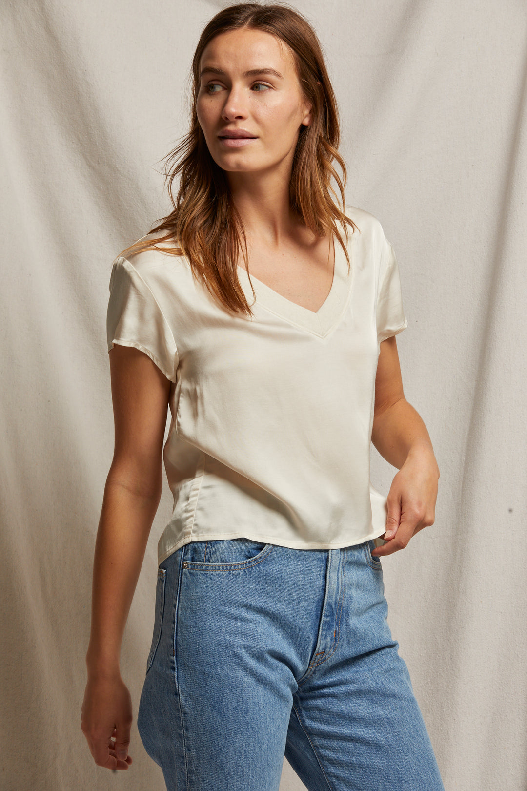 Perfect White Tee - Women - Sugar Amelie Luxe Satin V Neck Tee