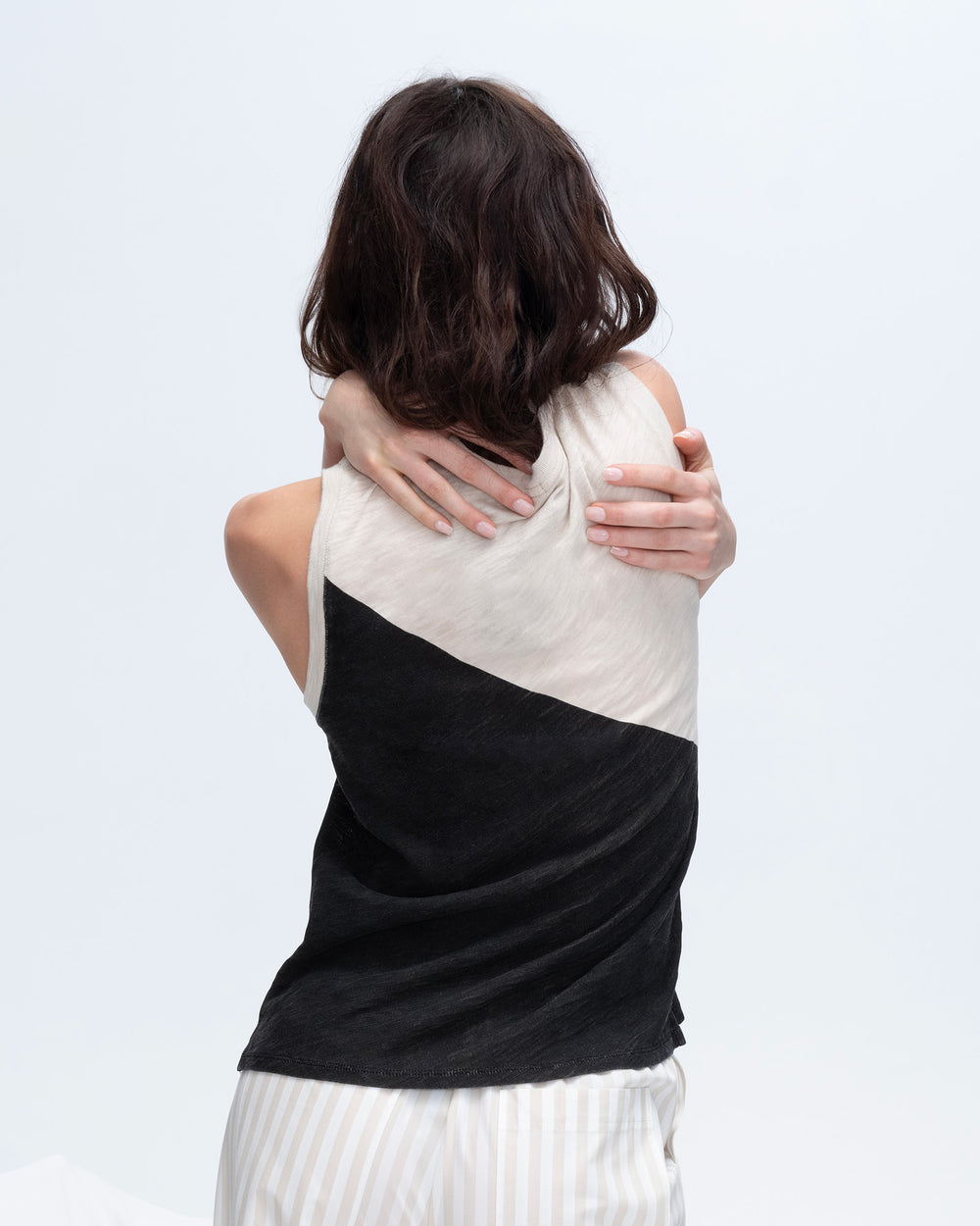 ATM Collection - Women - Soft Beige/Black Slub Jersey Sleeveless Schoolboy Colorblock