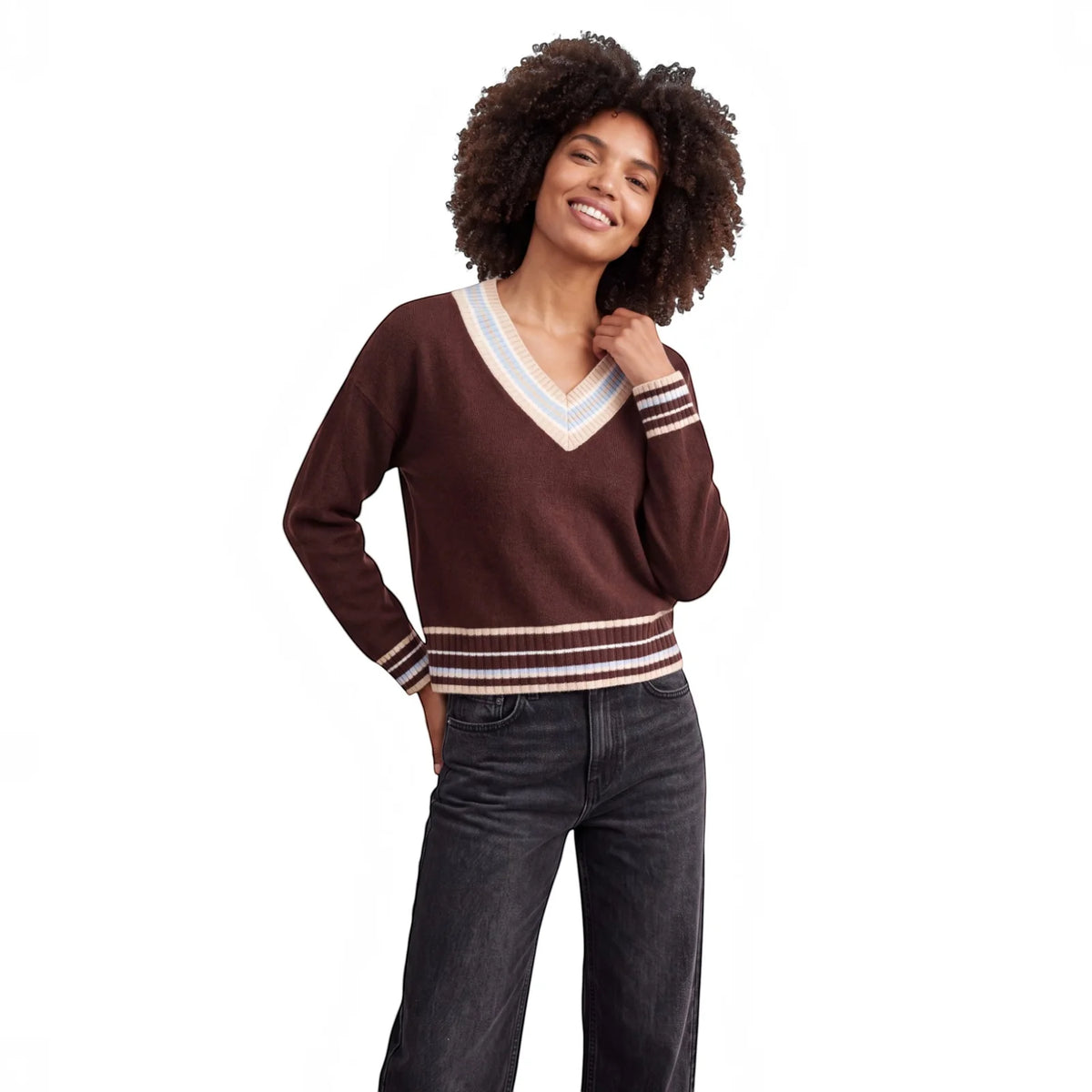 Brodie Cashmere - Women - Cocoa Stitchy Trim V Sweater
