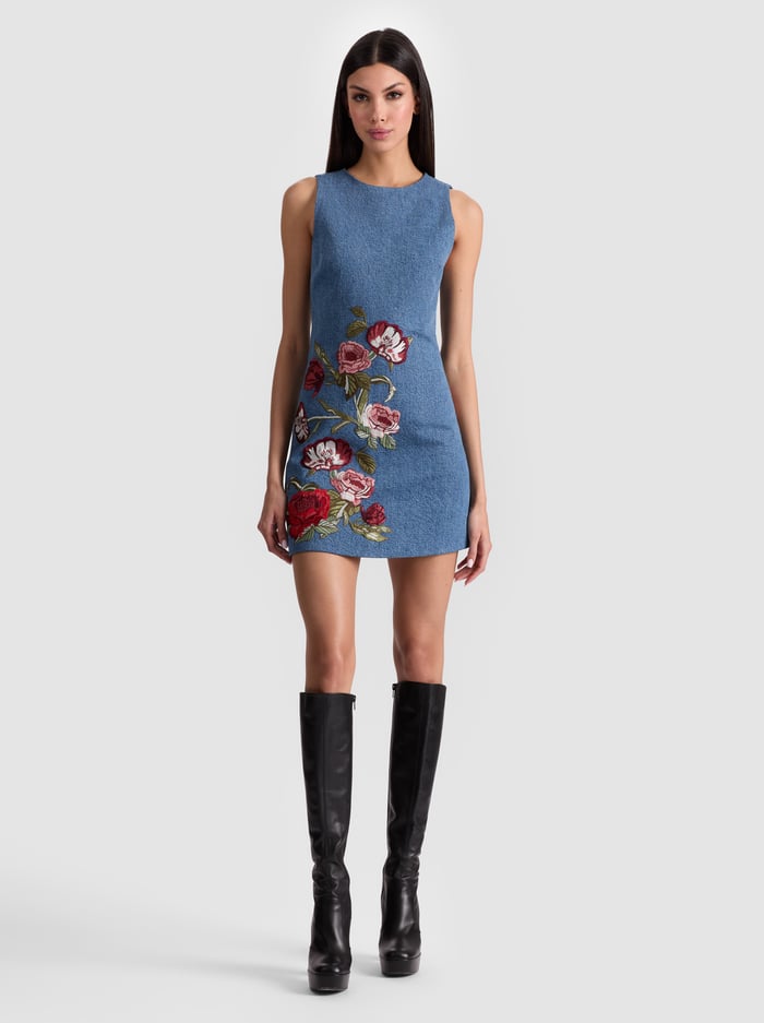 Alice and Olivia - Women - Brooklyn Blue/Multi Cade Embroidered Denim Mini Dress