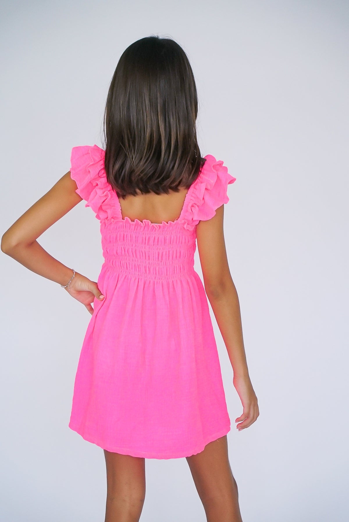 Flowers By Zoe - Girls - Neon Pink Smocked Flutter Sleeve Dress
