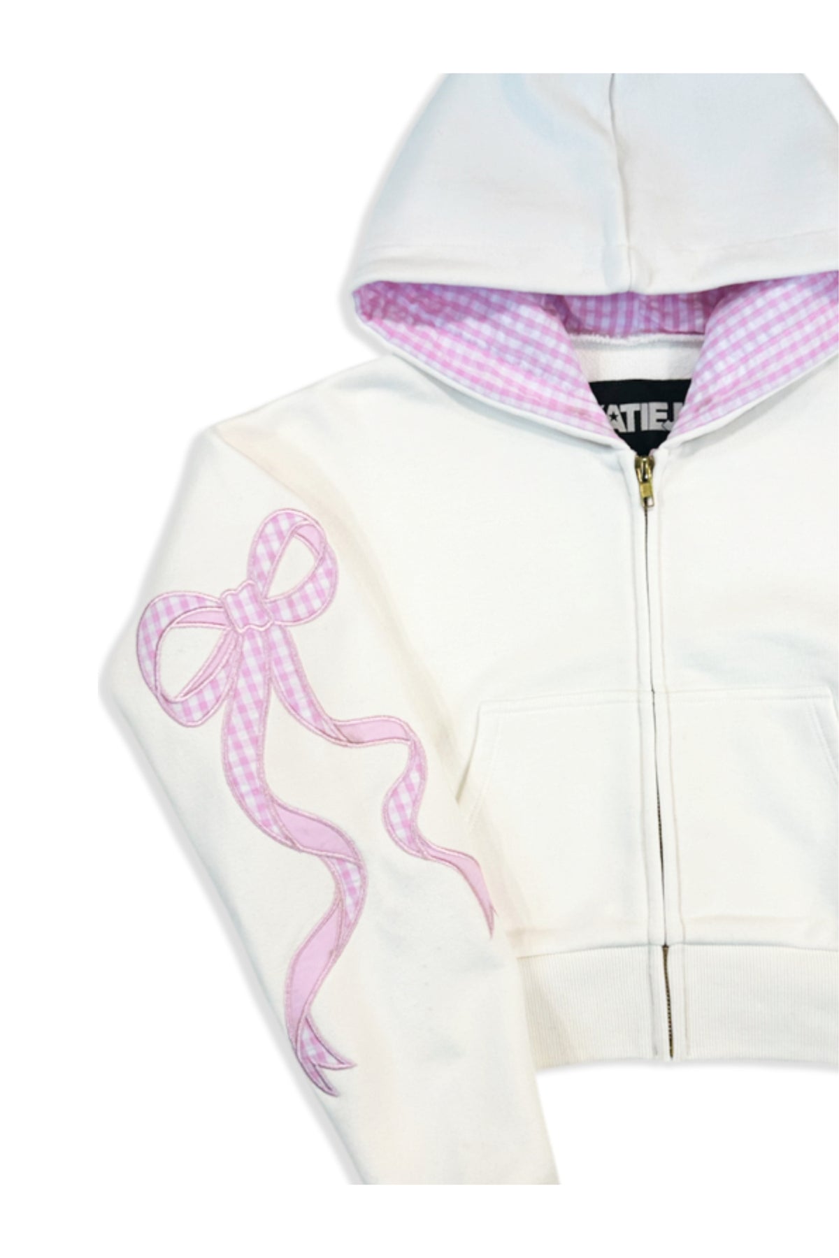 KatieJ NYC - Tween - Vintage White/Baby Pink Dylan Bow Zip Hoodie