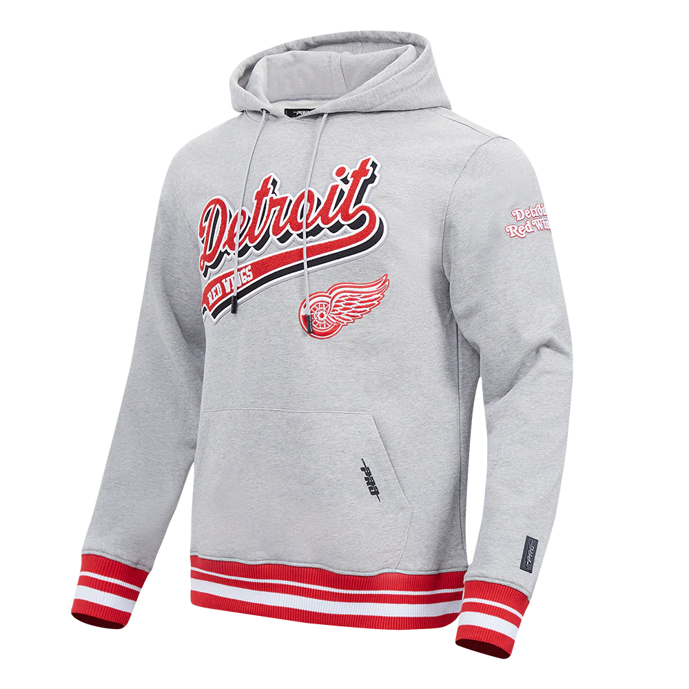 Pro Standard - Men - Grey Detroit Red Wings Script Tail Rib Fleece Pullover Hoodie