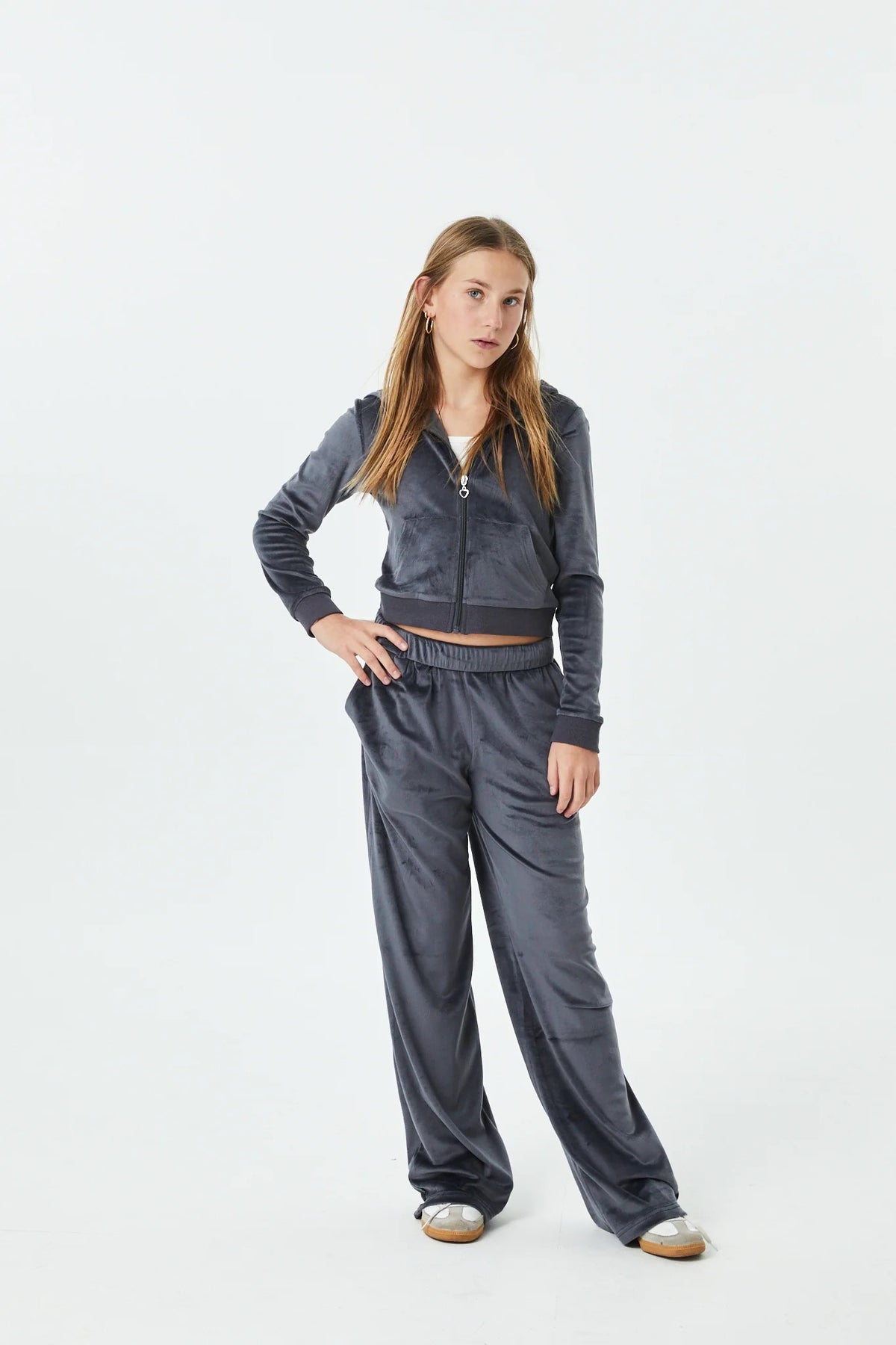 Theme - Tween -Grey Ash Stretch Velour Wide Leg Pant